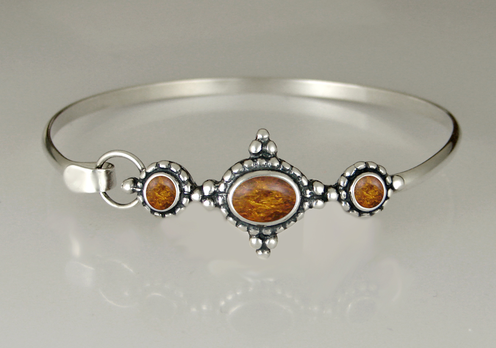 Sterling Silver Strap Latch Spring Hook Bangle Bracelet With Amber